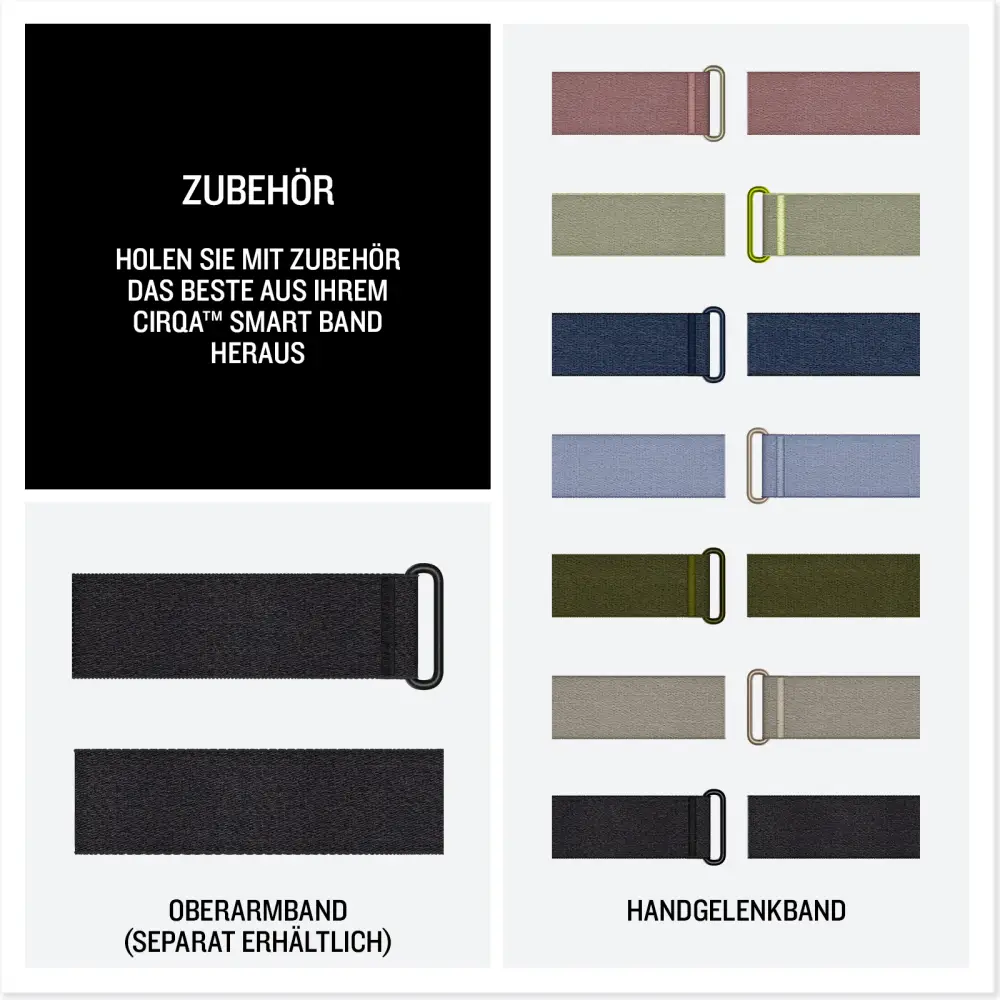 Zubehör-Übersicht für das Garmin Cirqa Smart Band mit dem schwarzen Oberarmband und verschiedenen bunten Ersatz-Handgelenkbändern aus Nylon