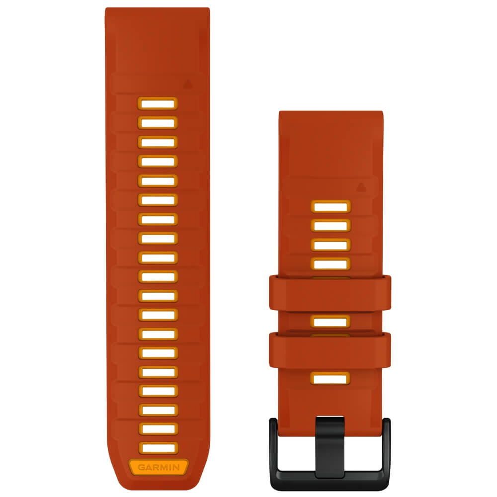 Garmin QuickFit Silikonarmband 26 mm Autumn Orange/Spark Orange für fenix 9 51 mm – Vorderseite mit Schließe und Lochband