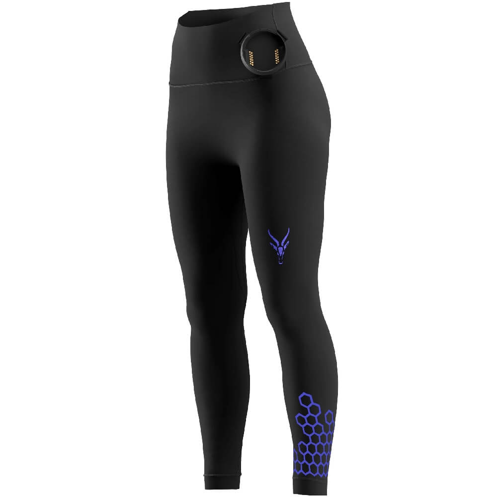 Freigestellte Ansicht der schwarzen Antelope EMS-Leggings von der Seite mit leerer runder Halterung am Hosenbund für den separat erhältlichen oder bereits vorhandenen Booster.