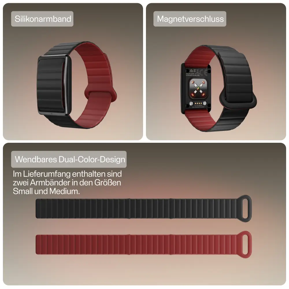 Produktgrafik zum wendbaren POLAR Loop Silikonarmband in Black/Cherry. Die oberen Kacheln zeigen den Tracker im Profil und die Gehäuserückseite mit Magnetverschluss. Unten sind die beiden im Lieferumfang enthaltenen Bänder der Größen Small und Medium flac