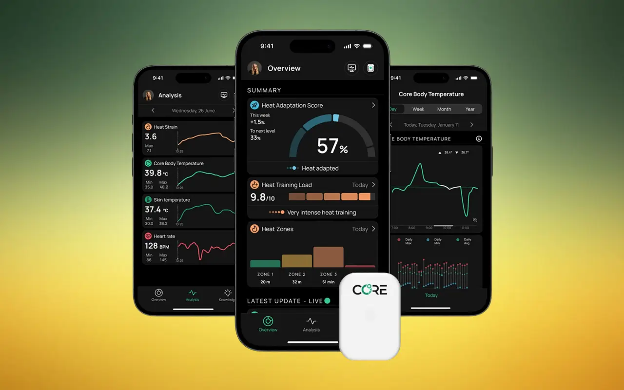 Drei Smartphones zeigen Diagramme der CORE-App zu Körperkerntemperatur, Heat Strain und Heat Adaptation Score neben dem weißen CORE-Sensor.
