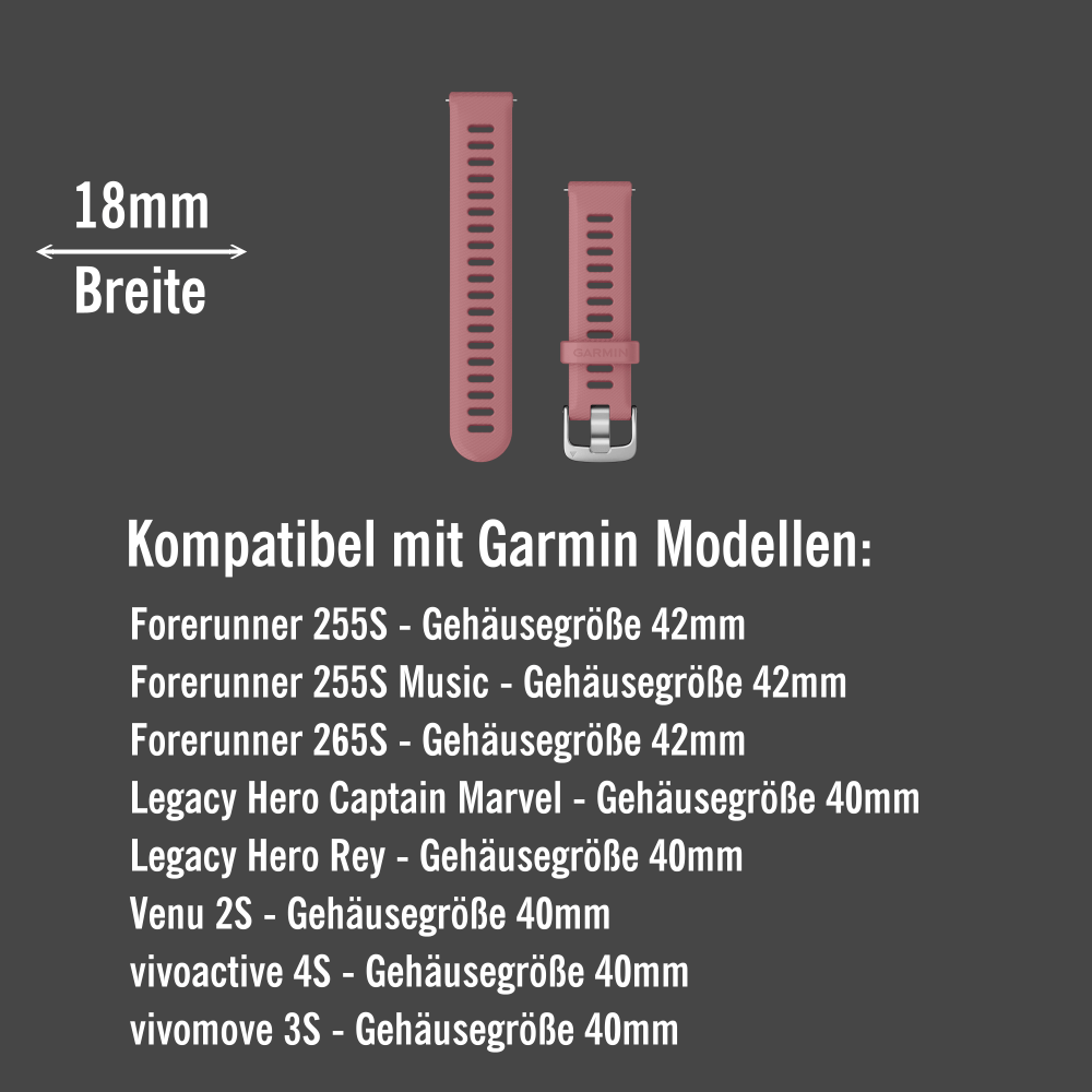 Garmin Forerunner 255S Schnell Wechsel 18mm Silikon Armband Hellrosa Verschluss Silber bei CardioZone günstig online kaufen