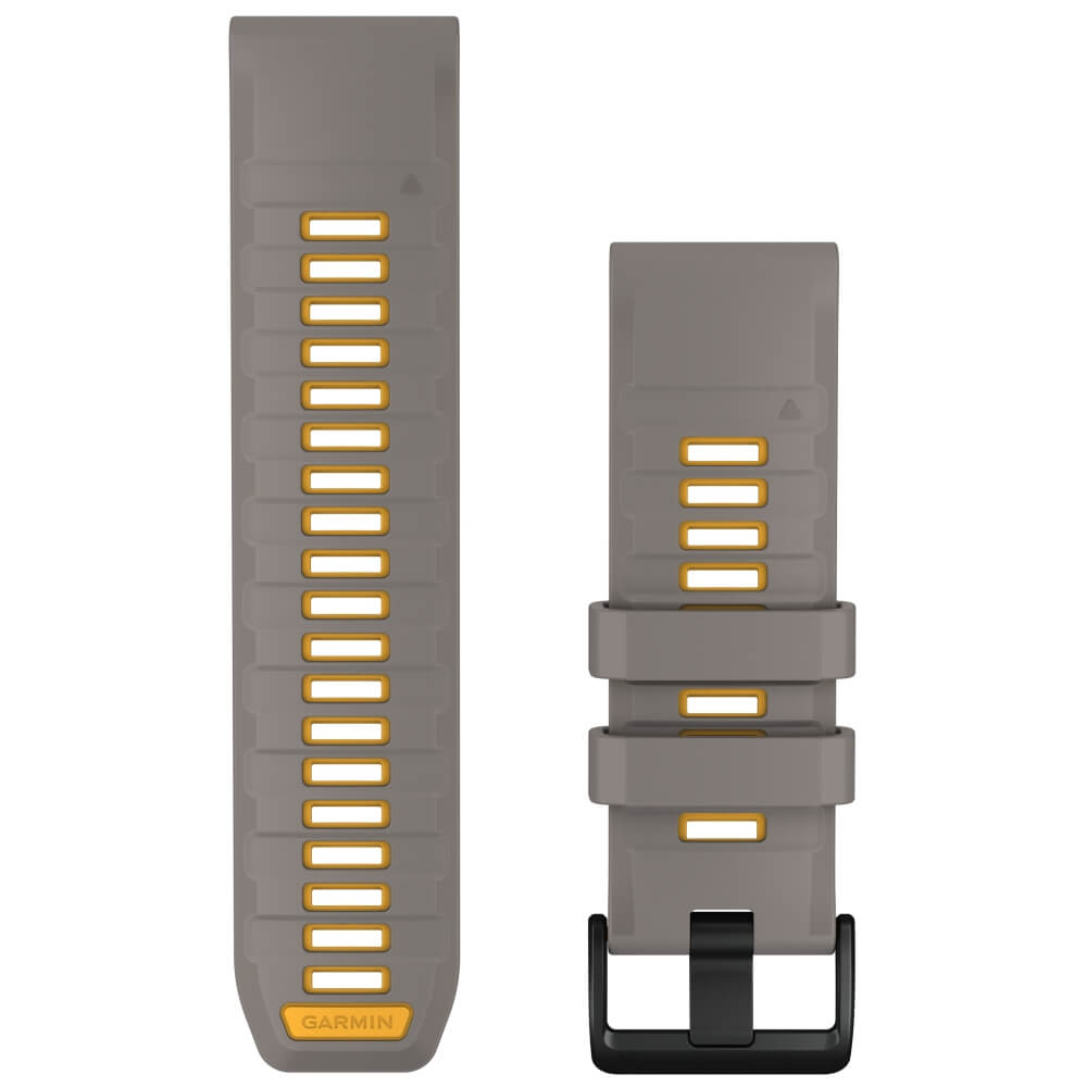 Garmin QuickFit Silikonarmband 26 mm Silbergrau/Dakota Yellow für fenix 9 51 mm – Vorderseite mit Schließe und Lochband