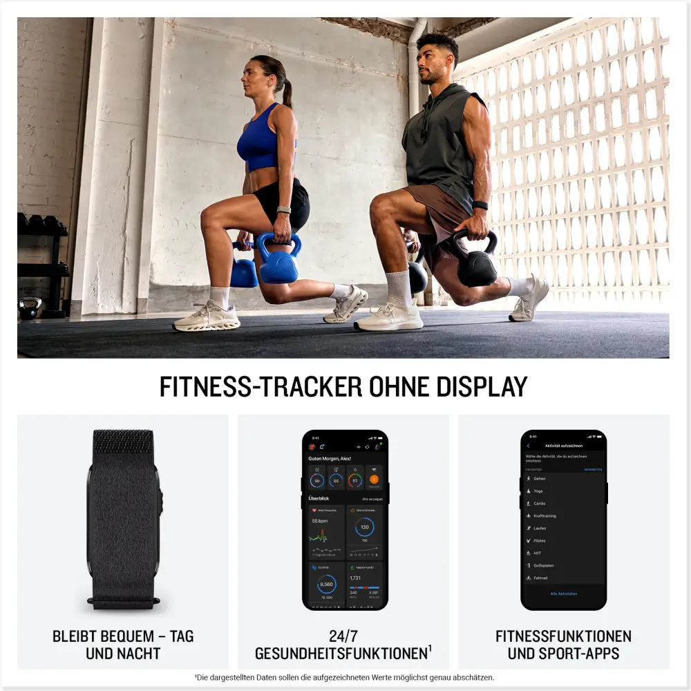 Infografik zum Garmin Cirqa Smart Band beim Workout mit Darstellung der Garmin Connect App-Oberfläche für Gesundheits- und Fitnessfunktionen