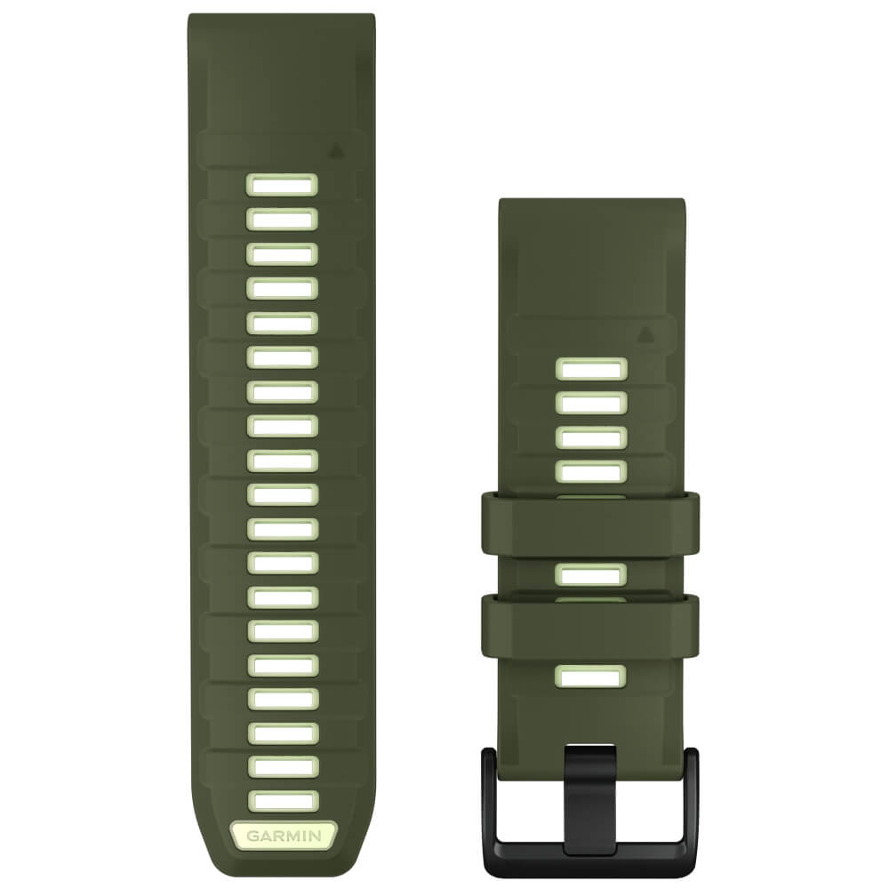 Garmin QuickFit Silikonarmband 26 mm Olive Drab/Zitrone für fenix 9 51 mm – Vorderseite mit Schließe und Lochband