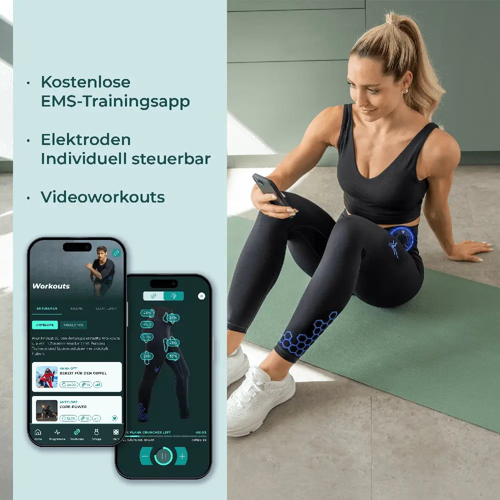 Eine Frau sitzt auf einer Trainingsmatte und schaut auf ihr Smartphone. Links daneben sind zwei Smartphone-Screens mit der kostenlosen Antelope EMS-Trainingsapp für Videoworkouts und die individuelle Elektrodensteuerung abgebildet.