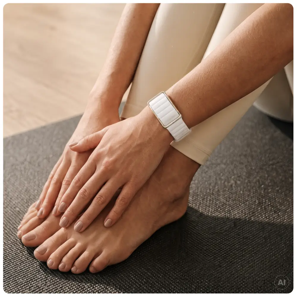 Nahaufnahme einer Person im Meditationssitz auf einer Gymnastikmatte. Die Hände liegen auf den Beinen, wobei der POLAR Loop Tracker mit der weißen Wendeseite des Armbands nach außen und dem goldfarbenen Rahmen gut sichtbar ist.