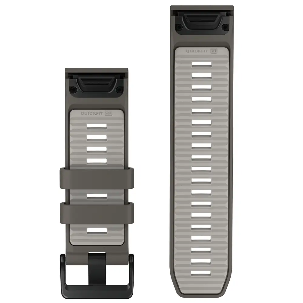 Garmin QuickFit Silikonarmband 26 mm Kieselgrau/Silbergrau für fenix 9 51 mm – Rückseite mit Schließe und Lochband
