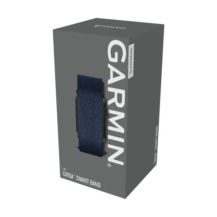 Graue Originalverpackung (OVP) des Garmin Cirqa Smart Bands mit Abbildung des kapitänsblauen Nylon-Textilarmbands auf weißem Hintergrund