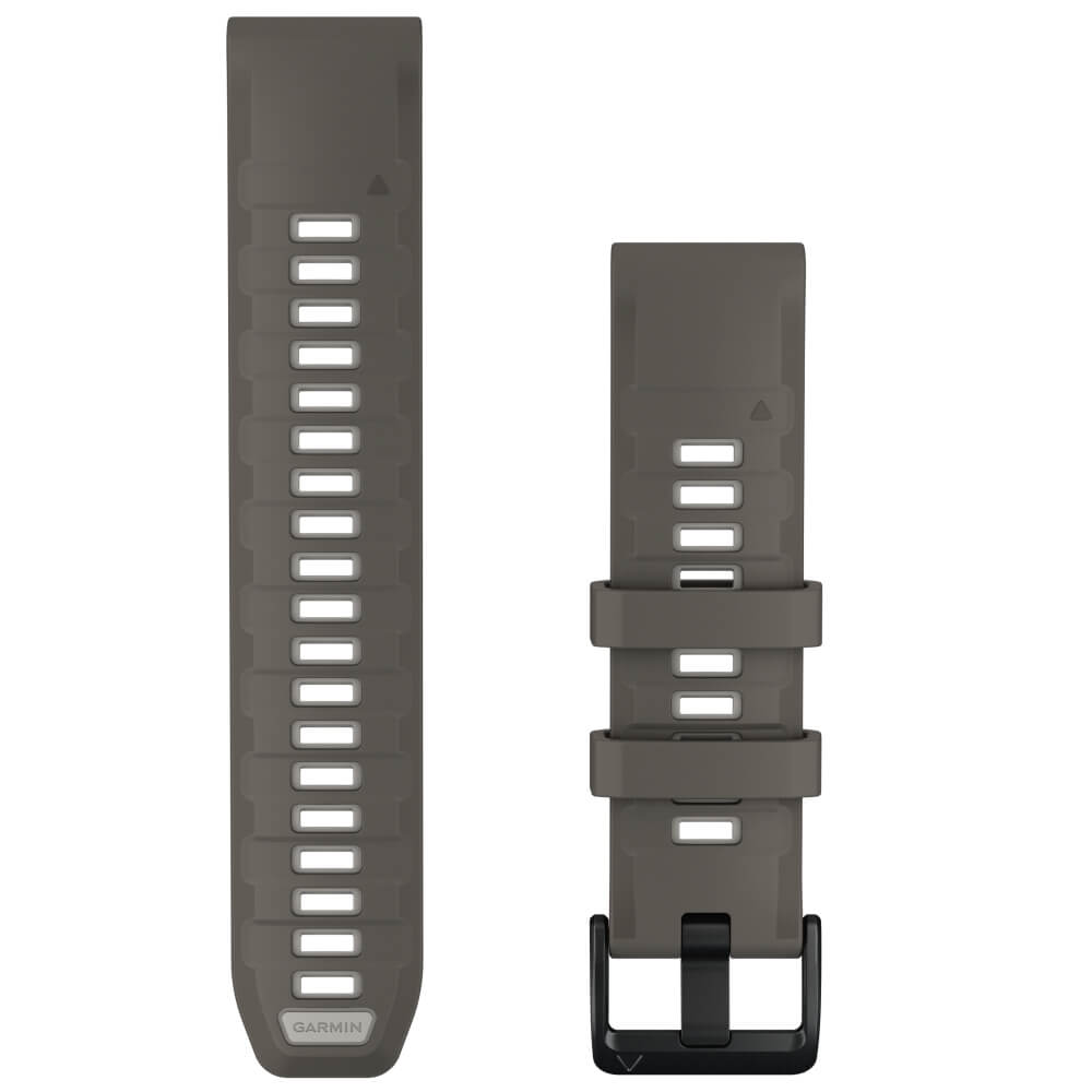 Garmin QuickFit Silikonarmband 22 mm Kieselgrau/Silbergrau für fenix 9 47 mm – Vorderseite mit Schließe und Lochband