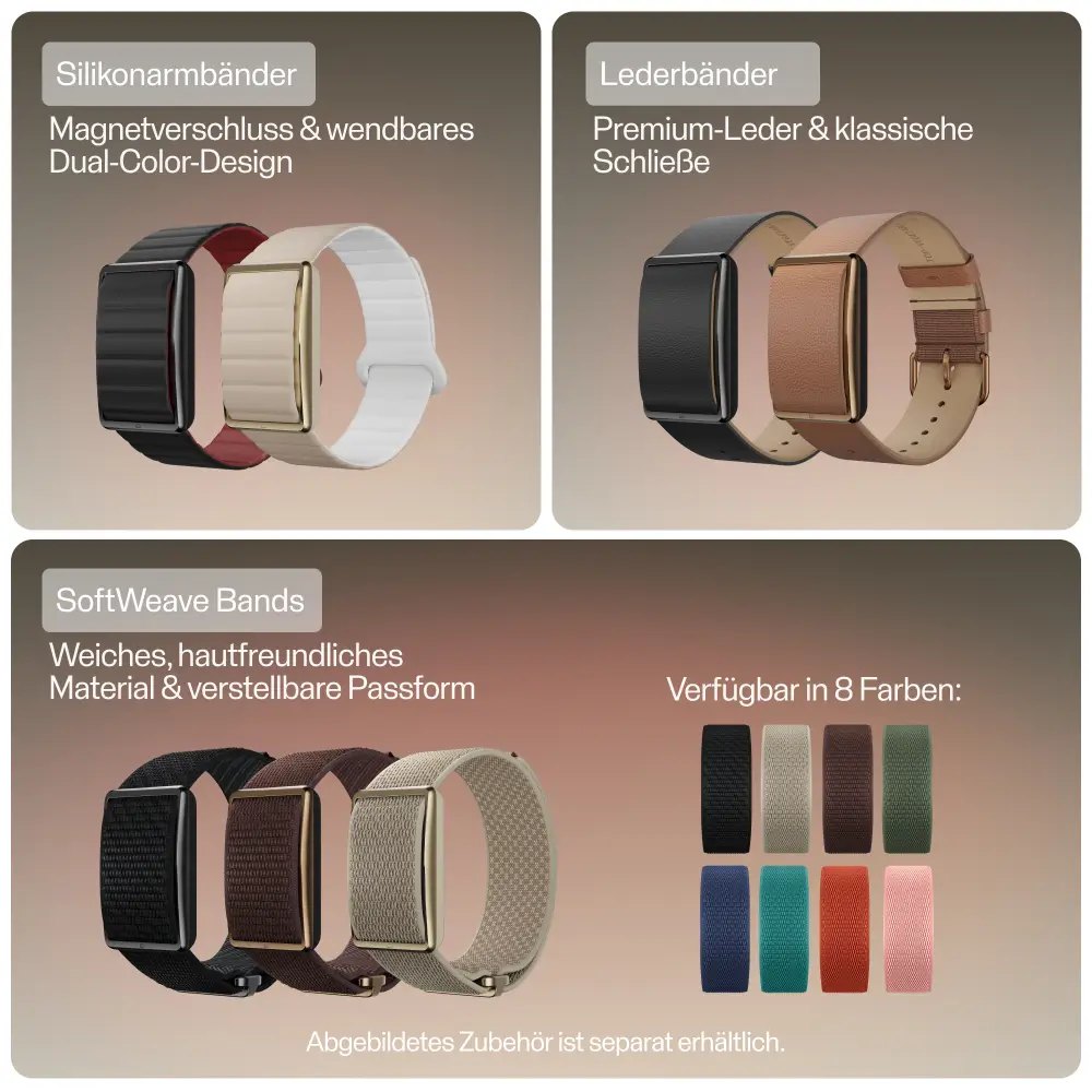 Übersicht der separat erhältlichen Armbänder für den POLAR Loop. Präsentiert werden wendbare Silikonarmbänder mit Magnetverschluss, Lederbänder mit klassischer Schnalle sowie weiche SoftWeave-Stoffarmbänder, die in 8 verschiedenen Farben zur Auswahl stehe
