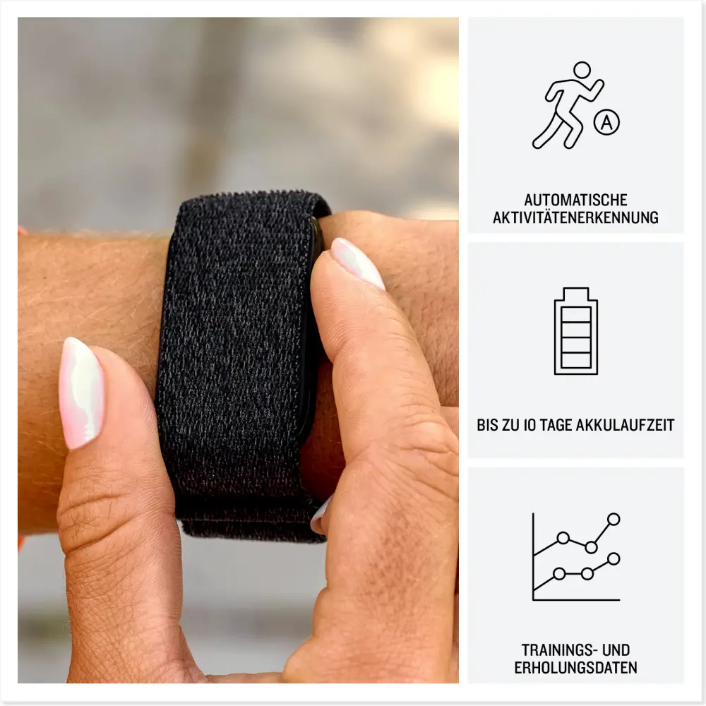 Nahaufnahme des Garmin Cirqa Smart Bands am Handgelenk mit Icons für automatische Aktivitätserkennung, 10 Tage Akkulaufzeit und Trainingsdaten