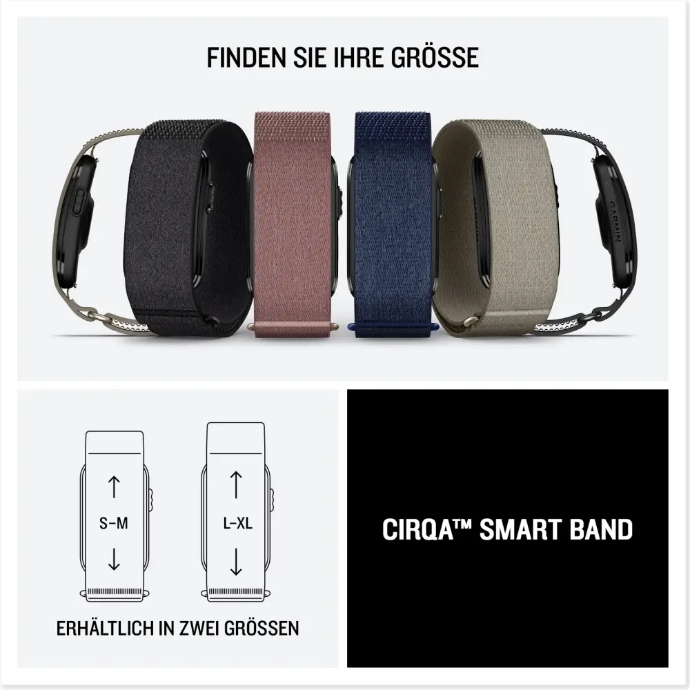 Größenberater für das Garmin Cirqa Smart Band mit einer Ansicht aller vier Farbvarianten und Maßgrafiken für die Größen S-M und L-XL
