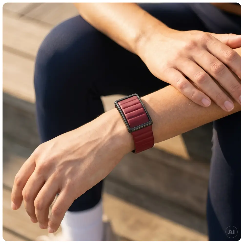 Produktbild des POLAR Loop Fitness Trackers im Profil vor einem farbigen Hintergrund. Gut zu erkennen ist das wendbare Silikonband mit der schwarzen Außenseite, der roten Innenseite und dem magnetischen Verschlussmechanismus.