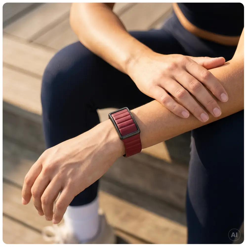 Produktbild des POLAR Loop Fitness Trackers im Profil vor einem farbigen Hintergrund. Gut zu erkennen ist das wendbare Silikonband mit der schwarzen Außenseite, der roten Innenseite und dem magnetischen Verschlussmechanismus.