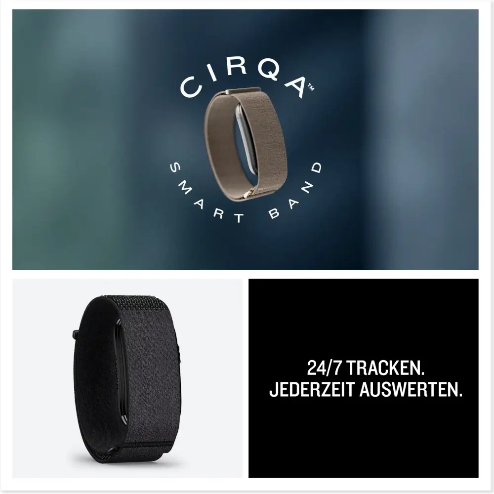 Produktübersicht des displaylosen Garmin Cirqa Smart Bands in French Gray und Schwarz mit dem Text 24/7 tracken, jederzeit auswerten