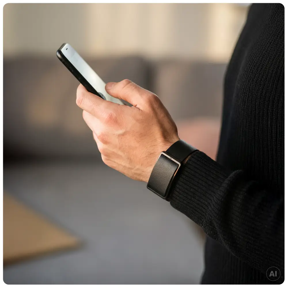 Nahaufnahme einer Person im schwarzen Pullover, die ein Smartphone bedient. Am Handgelenk ist der POLAR Loop Fitness Tracker mit edlem, schwarzem Lederarmband und dezentem Gehäuserahmen zu sehen.