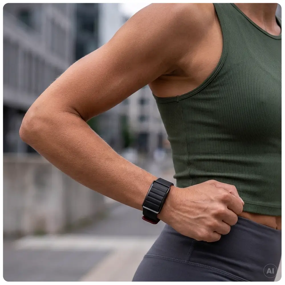 Eine Sportlerin in olivgrünem Crop-Top trägt das displaylose POLAR Loop Fitnessarmband beim Outdoor-Training. Das geriffelte Magnetband ist auf der schwarzen Seite geschlossen, während das kirschrote Ende des Bandes leicht hervorsteht.