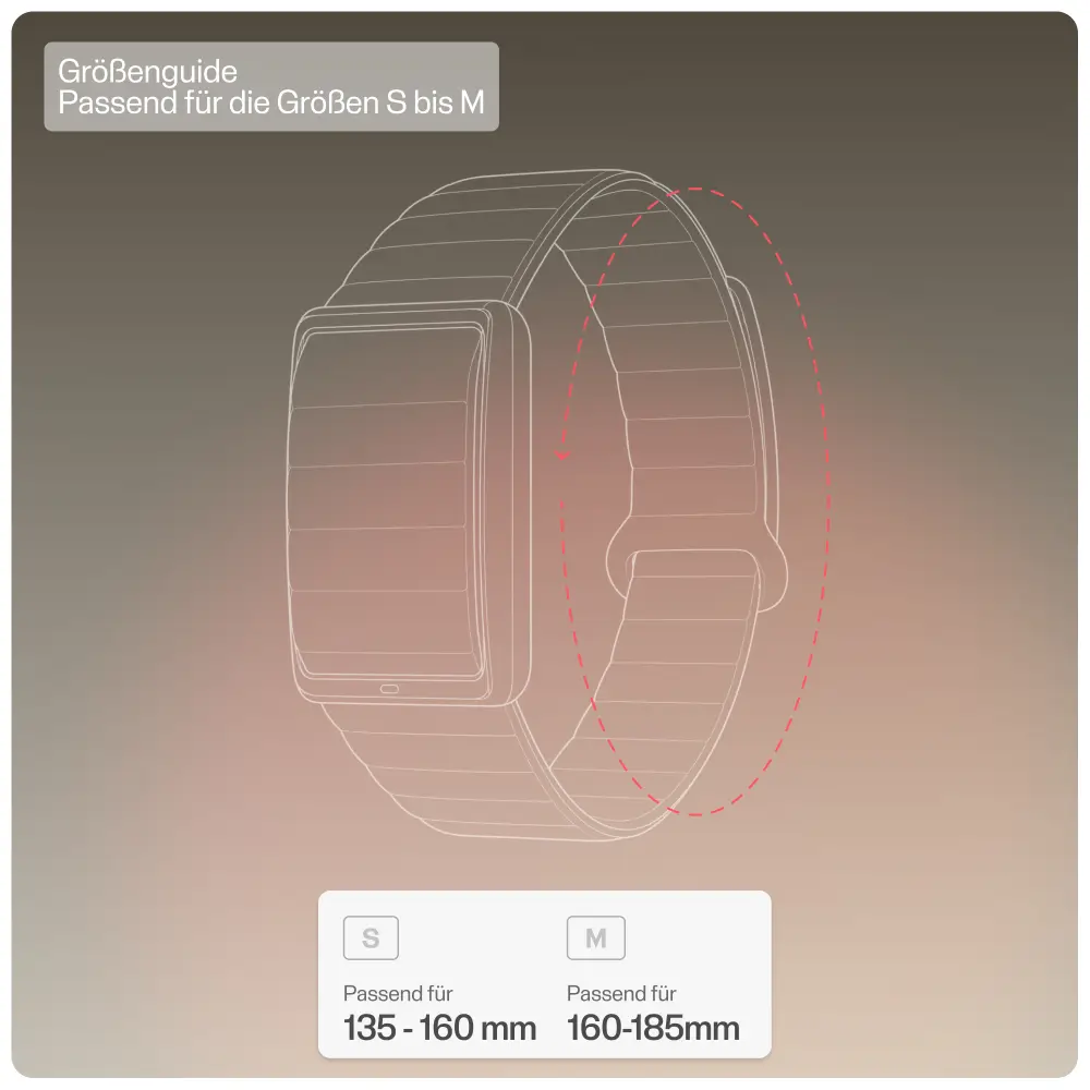 Infografik zum POLAR Loop Größenguide. Dargestellt ist eine Skizze des Fitnessbands zur Ermittlung des Handgelenkumfangs. Größe S ist passend für 135 bis 160 mm, Größe M ist passend für 160 bis 185 mm.