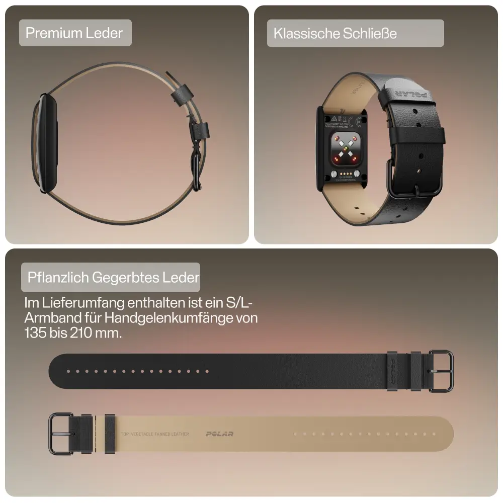 Produktgrafik zum POLAR Loop Zubehör aus pflanzlich gegerbtem Leder in Schwarz. Die oberen Bilder zeigen den Tracker in der Seitenansicht und von hinten mit Blick auf die Sensoren. Unten ist das schwarze Armband flach ausgebreitet dargestellt, um die Auße