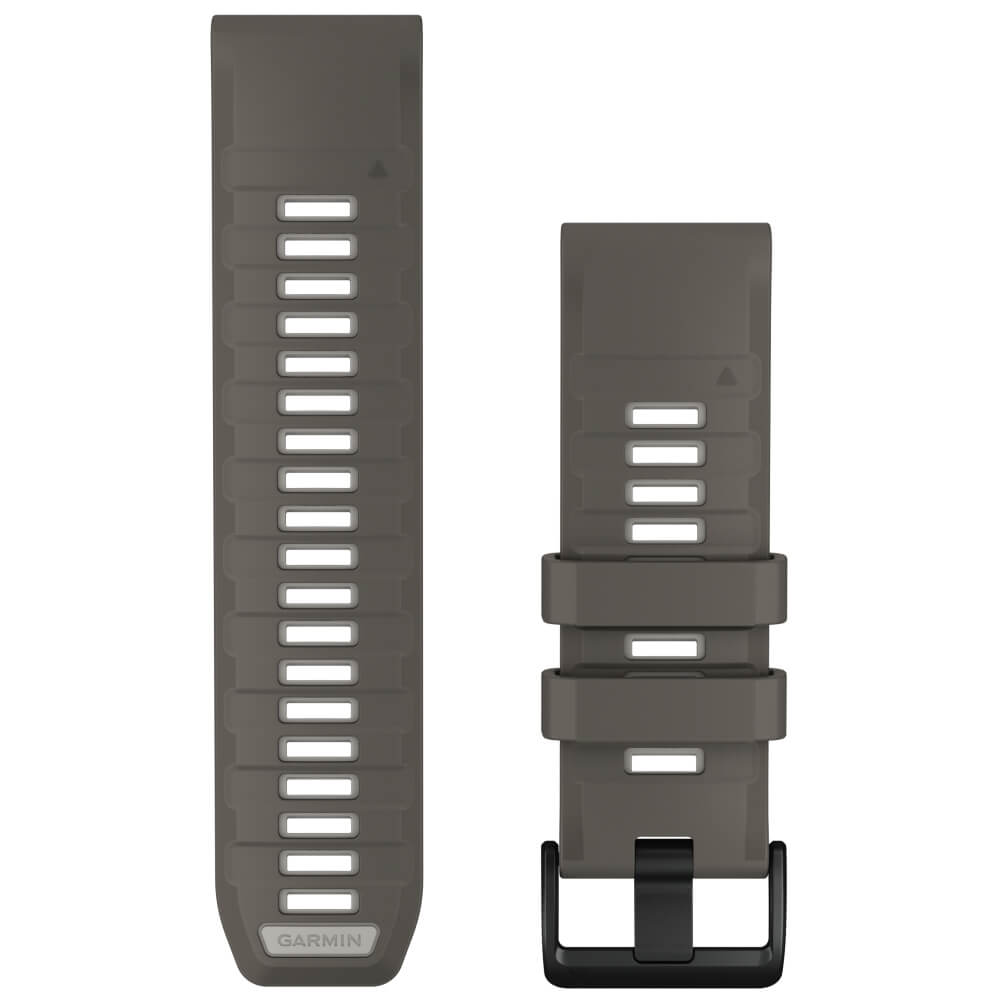 Garmin QuickFit Silikonarmband 26 mm Kieselgrau/Silbergrau für fenix 9 51 mm – Vorderseite mit Schließe und Lochband