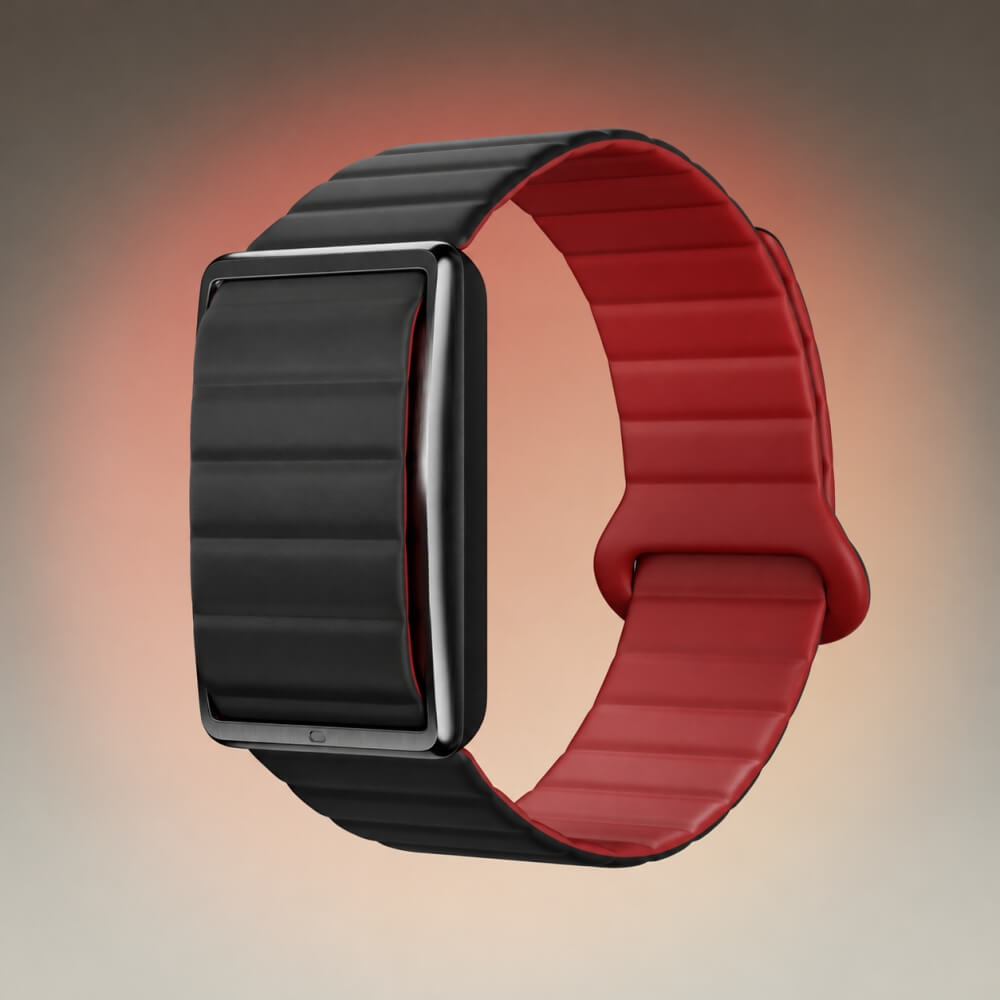 Nahaufnahme eines Handgelenks mit dem POLAR Loop Fitnessarmband in der Farbvariante Black/Cherry. Das displaylose Gehäuse und das geriffelte Silikon-Magnetband zeigen sich hier in der kirschroten (Cherry) Wendeseite.