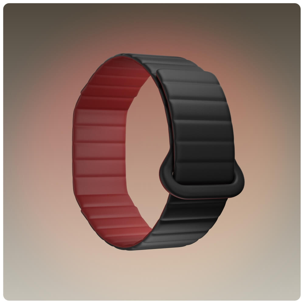 Produktfoto des wendbaren POLAR Loop Ersatzarmbands aus Silikon. Das geriffelte Magnetband ist als geschlossene Schlaufe dargestellt und zeigt das „Dual-Color-Design“ mit der mattschwarzen Außenseite und der kontrastierenden kirschroten Innenseite.