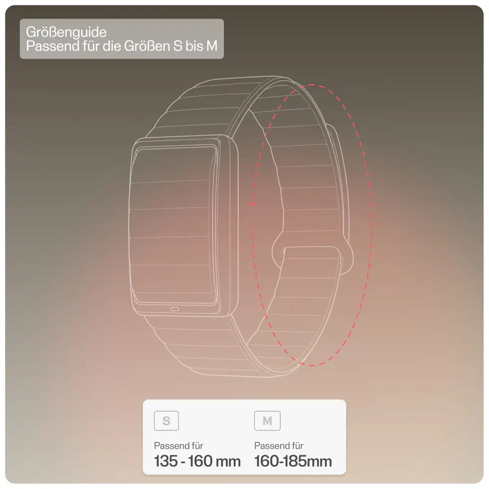 Infografik zum POLAR Loop Größenguide. Dargestellt ist eine Skizze des Fitnessbands zur Ermittlung des Handgelenkumfangs. Größe S ist passend für 135 bis 160 mm, Größe M ist passend für 160 bis 185 mm.