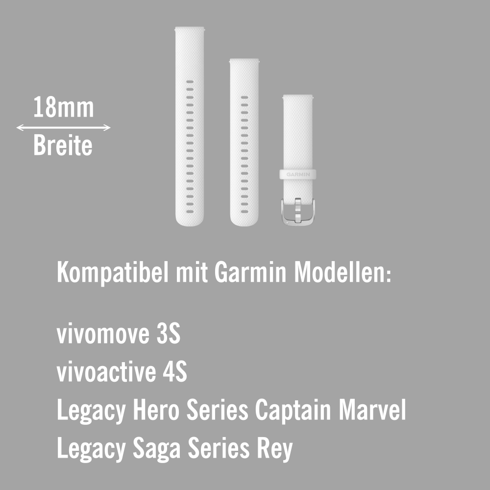 Garmin Schnell-Wechsel Silikon Armband 18mm Weiss - Schnalle Silber bei CardioZone online kaufen