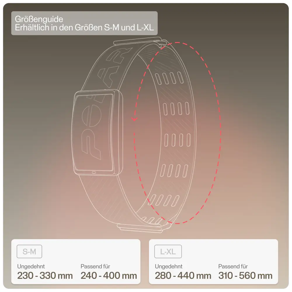 Infografik zum POLAR Loop Größenguide für das Oberarmband. Eine technische Skizze zeigt das elastische Band mit Belüftungsschlitzen. Aufgeführt sind die Größen: S-M passend für 240 bis 400 mm Armumfang und L-XL passend für 310 bis 560 mm Armumfang.