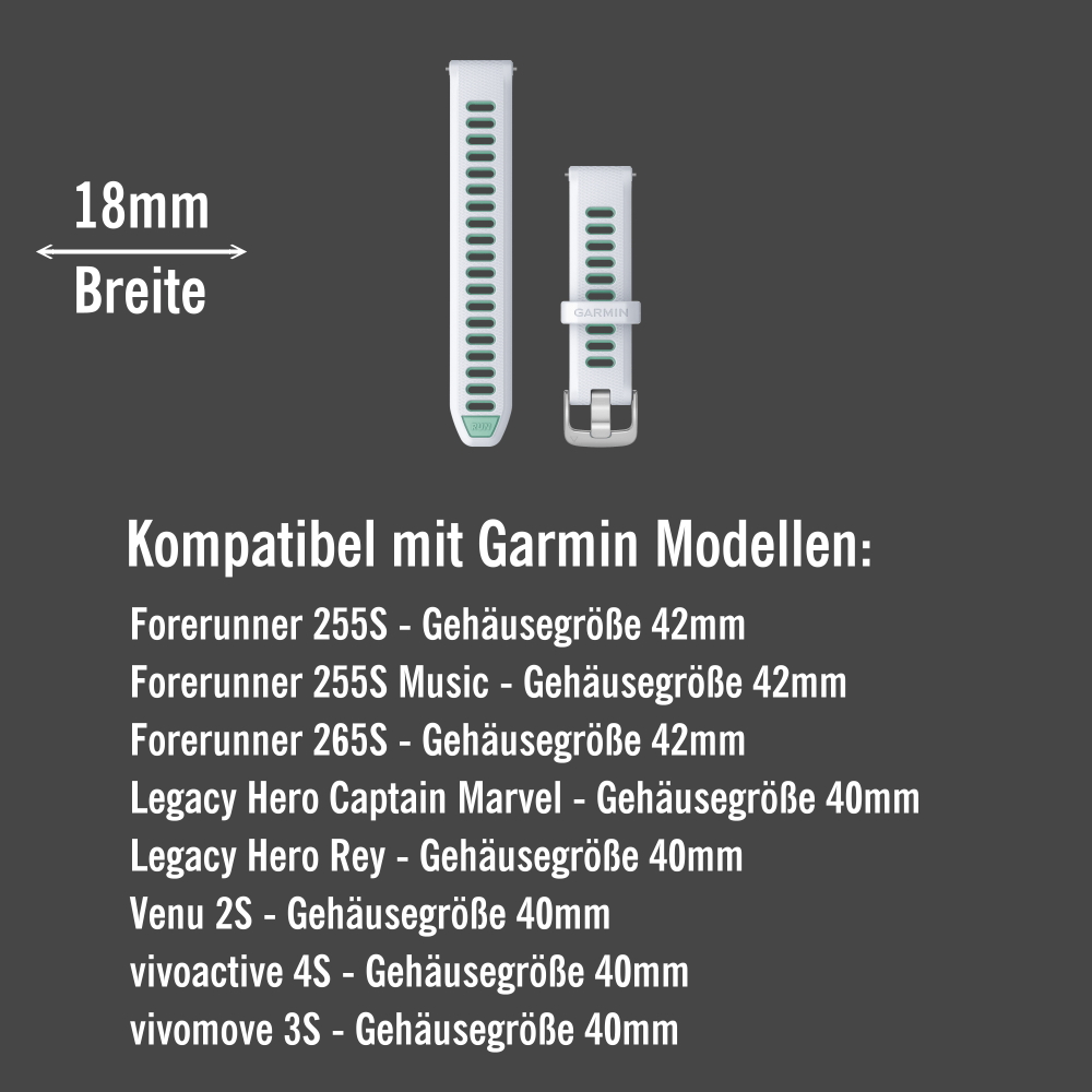 Garmin Forerunner 265S Schnell Wechsel 18mm Silikon Armband Steinweiß/Mintgrün Verschluss Silber bei CardioZone günstig online kaufen