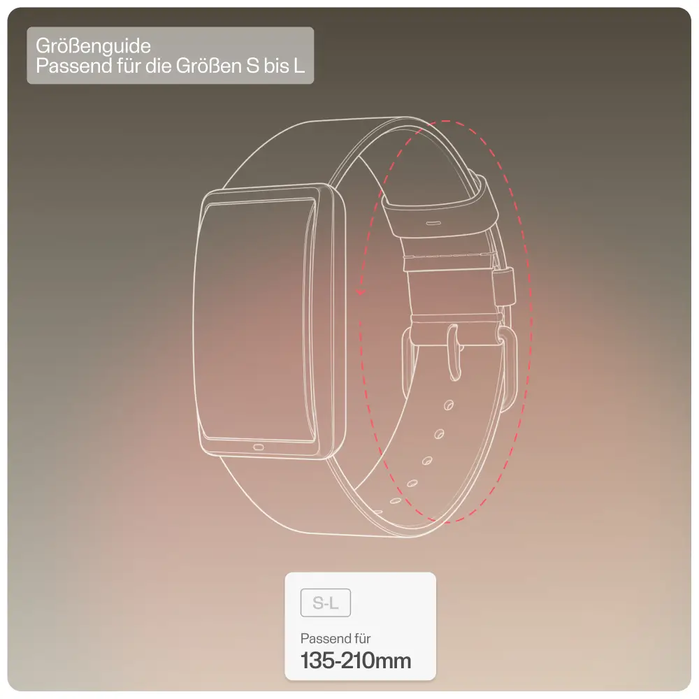 Infografik zum POLAR Loop Größenguide für die Lederarmbänder. Eine schematische Zeichnung zeigt das Band mit klassischer Dornschnalle. Die Universalgröße S-L ist passend für einen Handgelenkumfang von 135 bis 210 mm.  Bild