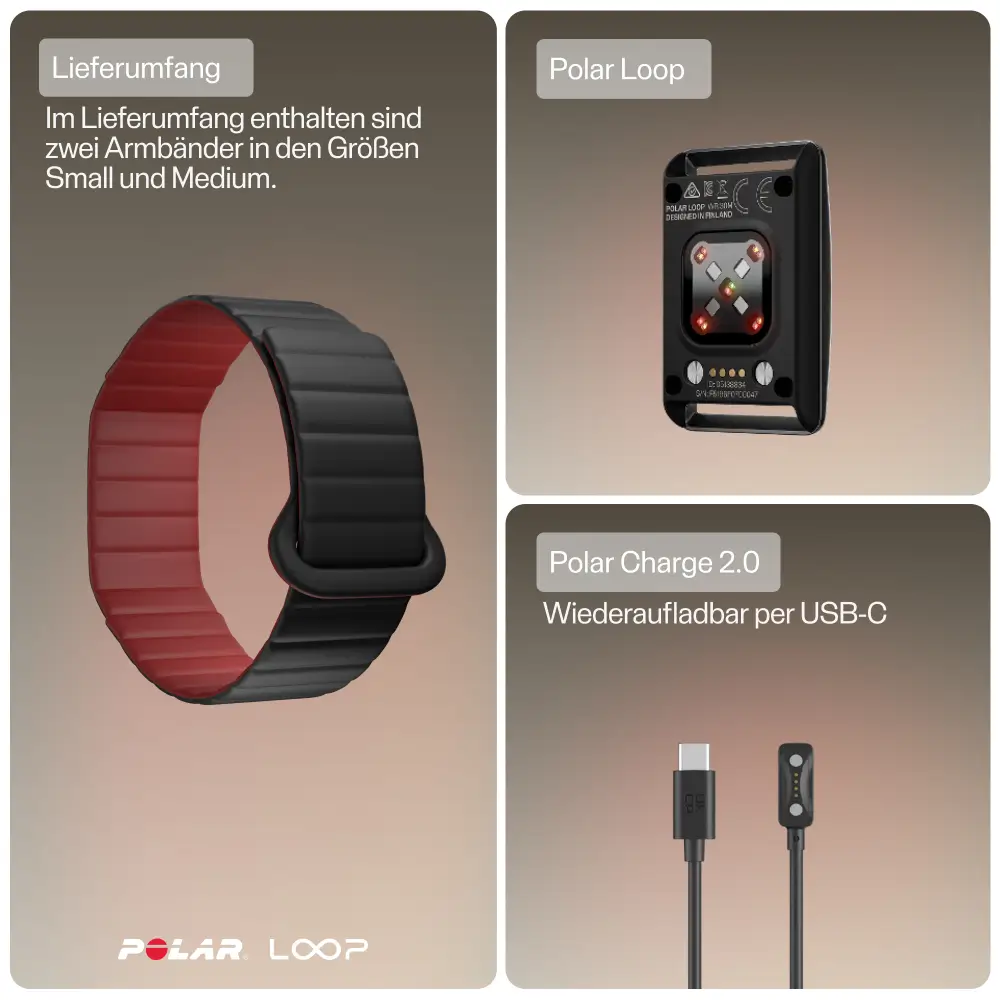 Darstellung des Lieferumfangs des POLAR Loop. Enthalten sind zwei wendbare Silikonarmbänder in den Größen Small und Medium, das POLAR Loop Sensorgehäuse mit optischer Pulsmessung auf der Rückseite sowie das Polar Charge 2.0 Ladekabel mit USB-C-Anschluss.