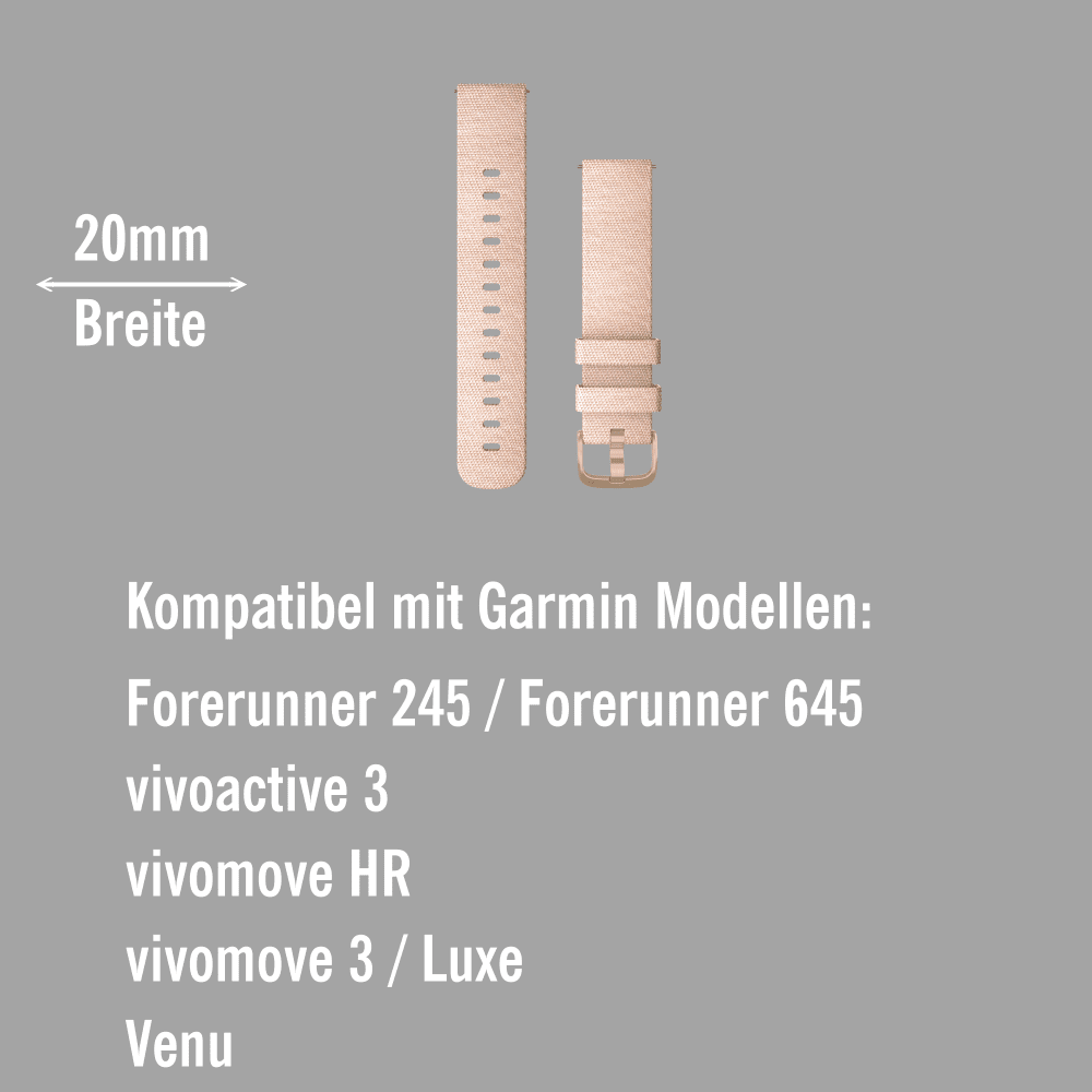 Garmin Schnell-Wechsel Nylon Armband 20mm Hellrosa gewebt / Verschluss Hellgold  bei CardioZone online kaufen