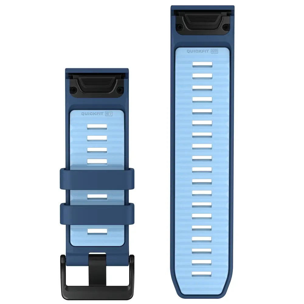 Garmin QuickFit Silikonarmband 26 mm Tidal Blue/Ice Blue für fenix 9 51 mm – Rückseite mit Schließe und Lochband