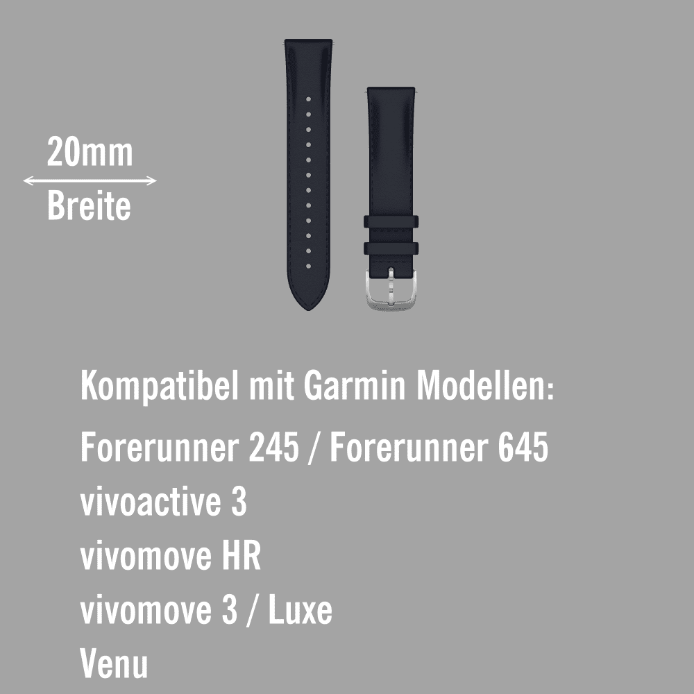 Garmin Schnell-Wechsel Leder Armband 20mm Navyblau geprägt / Schnalle Silber bei CardioZone online kaufen