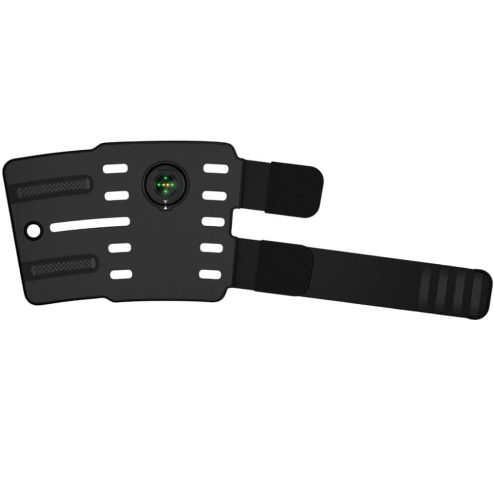 Flach ausgebreitete Garmin Blaze Tracking-Gamasche mit Klettverschlussbändern und der Halterung für den Sensor Flach ausgebreitete Garmin Blaze Tracking-Gamasche mit Klettverschlussbändern und der Halterung für den Sensor