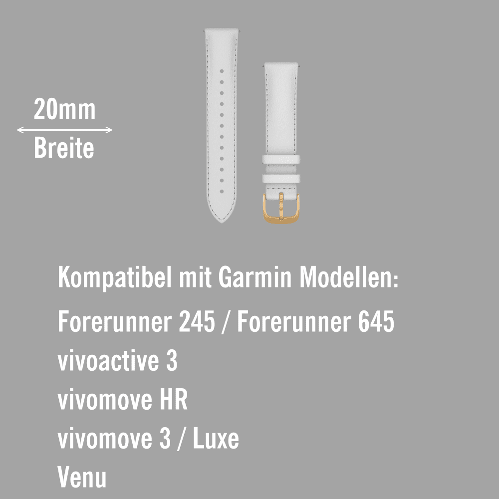 Garmin Schnell-Wechsel Leder Armband 20mm Weiss / 24K-Gold-PVD-Teile bei CardioZone online kaufen