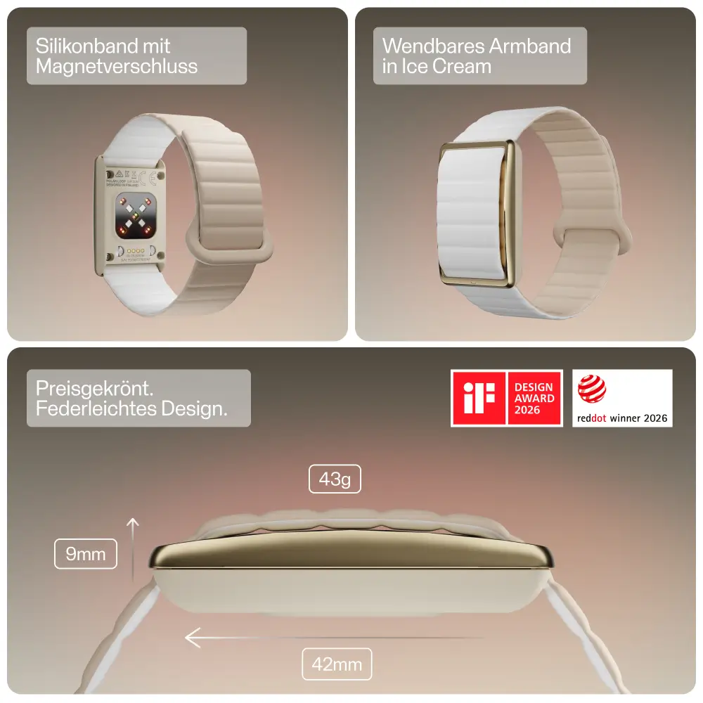 Technische Daten und Awards des POLAR Loop. Die Grafik zeigt die Gehäuserückseite mit Herzfrequenzsensor und Ladekontakten sowie die Abmessungen: 9 mm Dicke, 42 mm Länge und ein Gewicht von 43 Gramm. Rechts prangen die Logos des iF Design Award 2026 und R