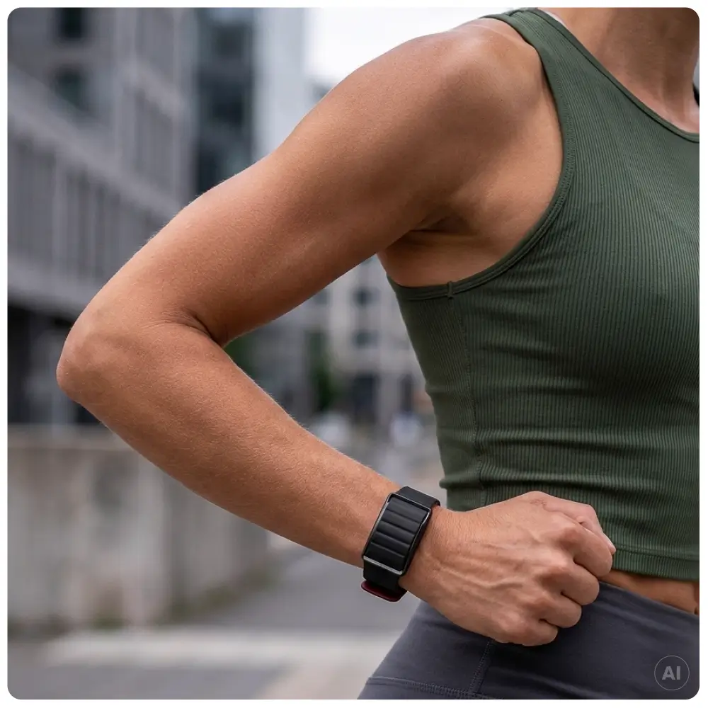 Eine Sportlerin in olivgrünem Crop-Top trägt das displaylose POLAR Loop Fitnessarmband beim Outdoor-Training. Das geriffelte Magnetband ist auf der schwarzen Seite geschlossen, während das kirschrote Ende des Bandes leicht hervorsteht.