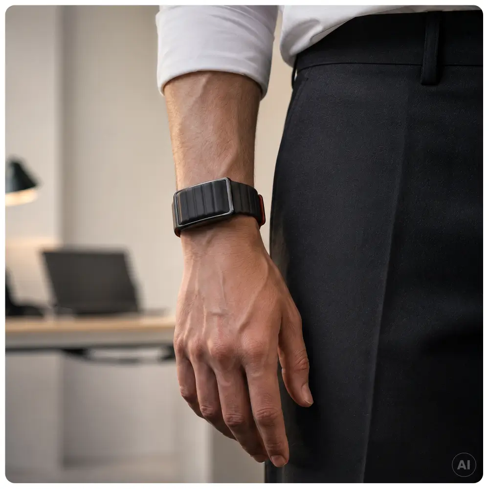 Lifestyle-Aufnahme eines Mannes in geschäftlicher Kleidung mit weißem Hemd und schwarzer Hose. Am Handgelenk trägt er den minimalistischen POLAR Loop Fitness Tracker mit der dezenten, schwarzen (Black) Wendeseite des Armbands nach außen.
