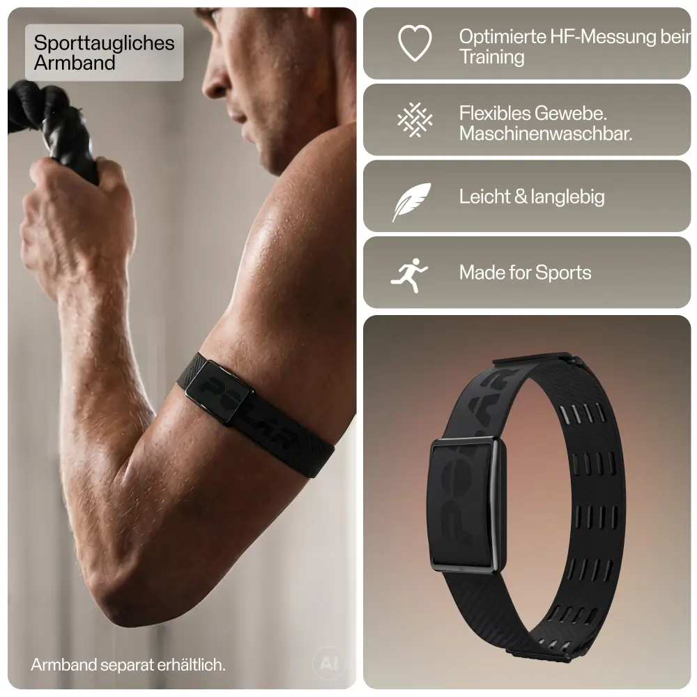 Werbegrafik für ein sporttaugliches Textilarmband des POLAR Loop. Links trainiert ein Mann mit Seilen und trägt den Tracker per elastischem Band am Oberarm. Rechts werden die Vorteile genannt: optimierte HF-Messung, maschinenwaschbar, leicht und langlebig