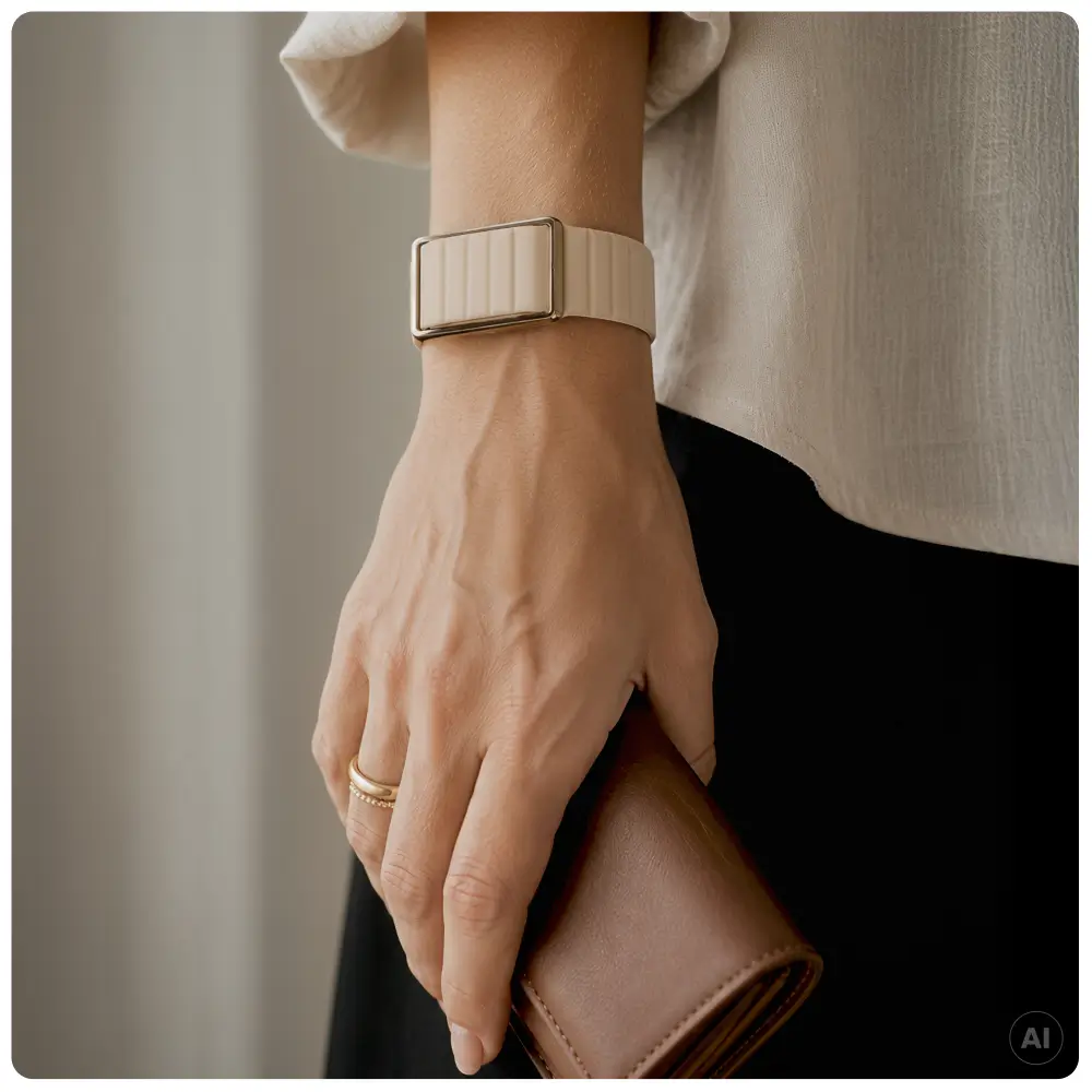 Nahaufnahme eines Handgelenks mit dem POLAR Loop Fitnessarmband in der Farbvariante Ice Cream. Der edle, goldene Gehäuserahmen und das beige Silikon-Magnetband unterstreichen einen eleganten Alltags-Look, passend zu einer hellen Bluse und einer braunen Le