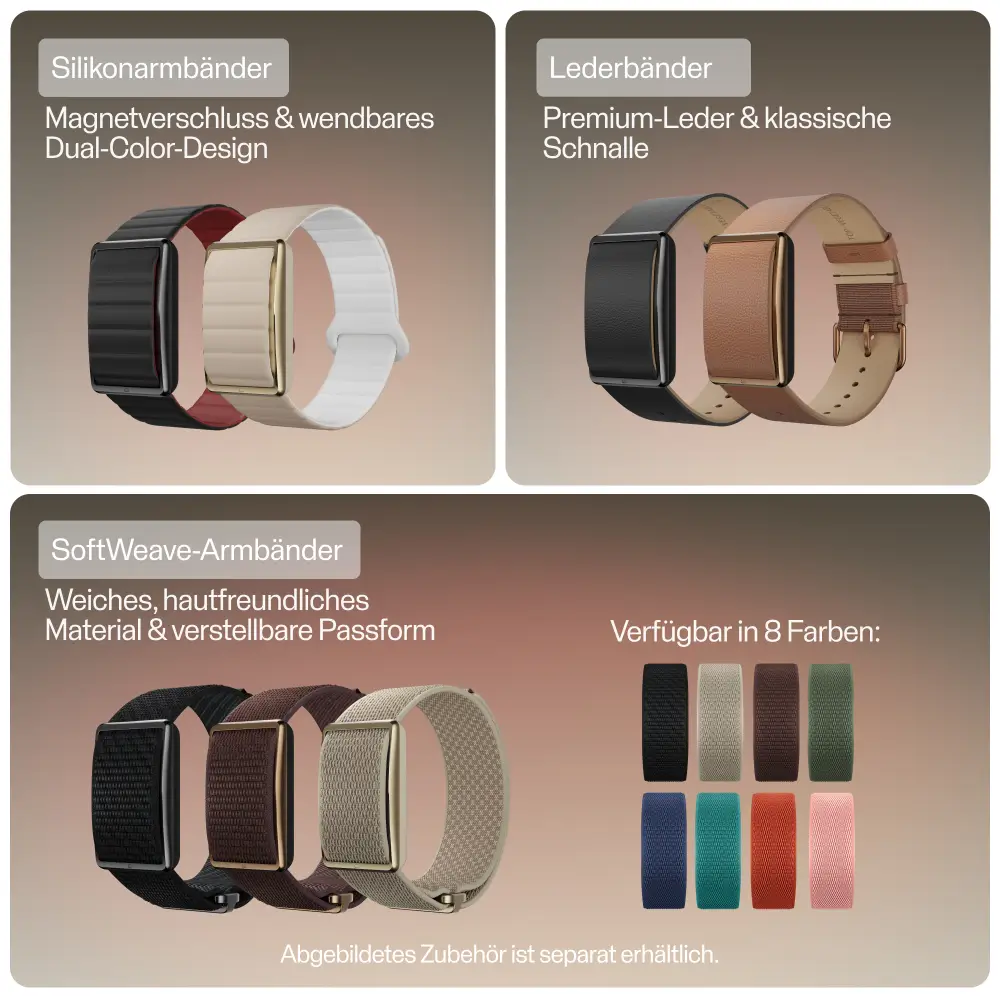 Übersicht der separat erhältlichen Armbänder für den POLAR Loop. Präsentiert werden wendbare Silikonarmbänder mit Magnetverschluss, Lederbänder mit klassischer Schnalle sowie weiche SoftWeave-Stoffarmbänder, die in 8 verschiedenen Farben zur Auswahl stehe