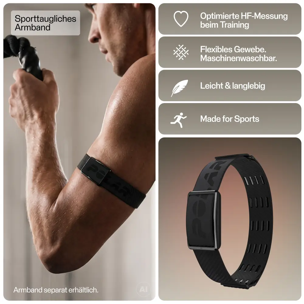 Übersichtsgrafik zum sporttauglichen POLAR Loop Oberarmband. Links trainiert ein Mann mit Seilen, während rechts die Produkteigenschaften aufgeführt sind: optimierte HF-Messung beim Training, flexibles Gewebe, maschinenwaschbar, leicht, langlebig und „Mad