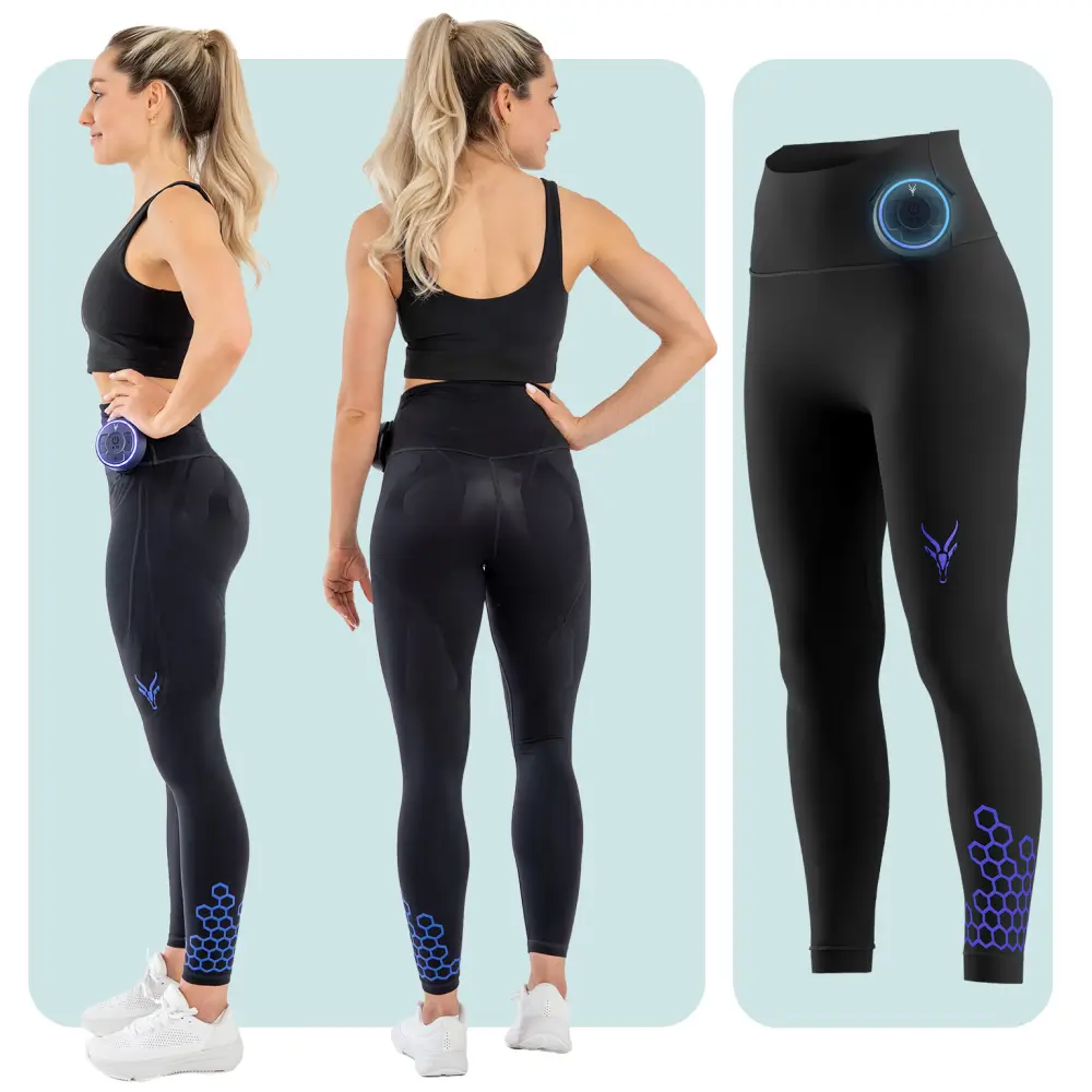 Drei vertikale Produktansichten der Antelope EMS-Leggings: Links das getragene Produkt von der Seite, in der Mitte von hinten und rechts als freigestellte Produktgrafik von vorne.