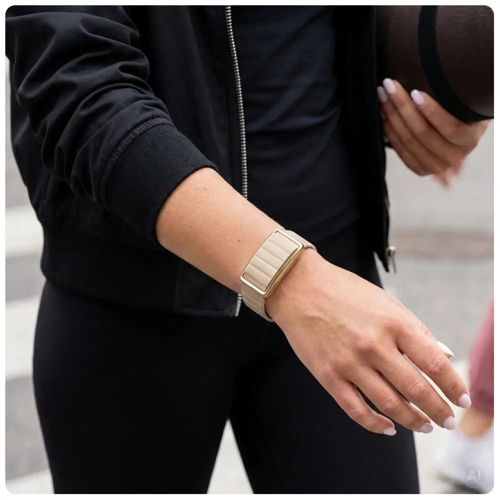 Nahaufnahme des Handgelenks einer Frau in schwarzer Sportjacke, die eine Yogamatte hält. Sie trägt das minimalistische POLAR Loop Fitnessarmband, dessen beigefarbenes Magnetband harmonisch zum sportlichen Alltags-Look passt.