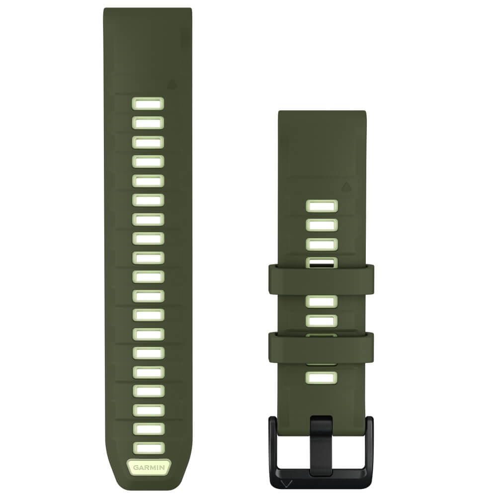 Garmin QuickFit Silikonarmband 22 mm Olive Drab/Zitrone für fenix 9 47 mm – Vorderseite mit Schließe und Lochband