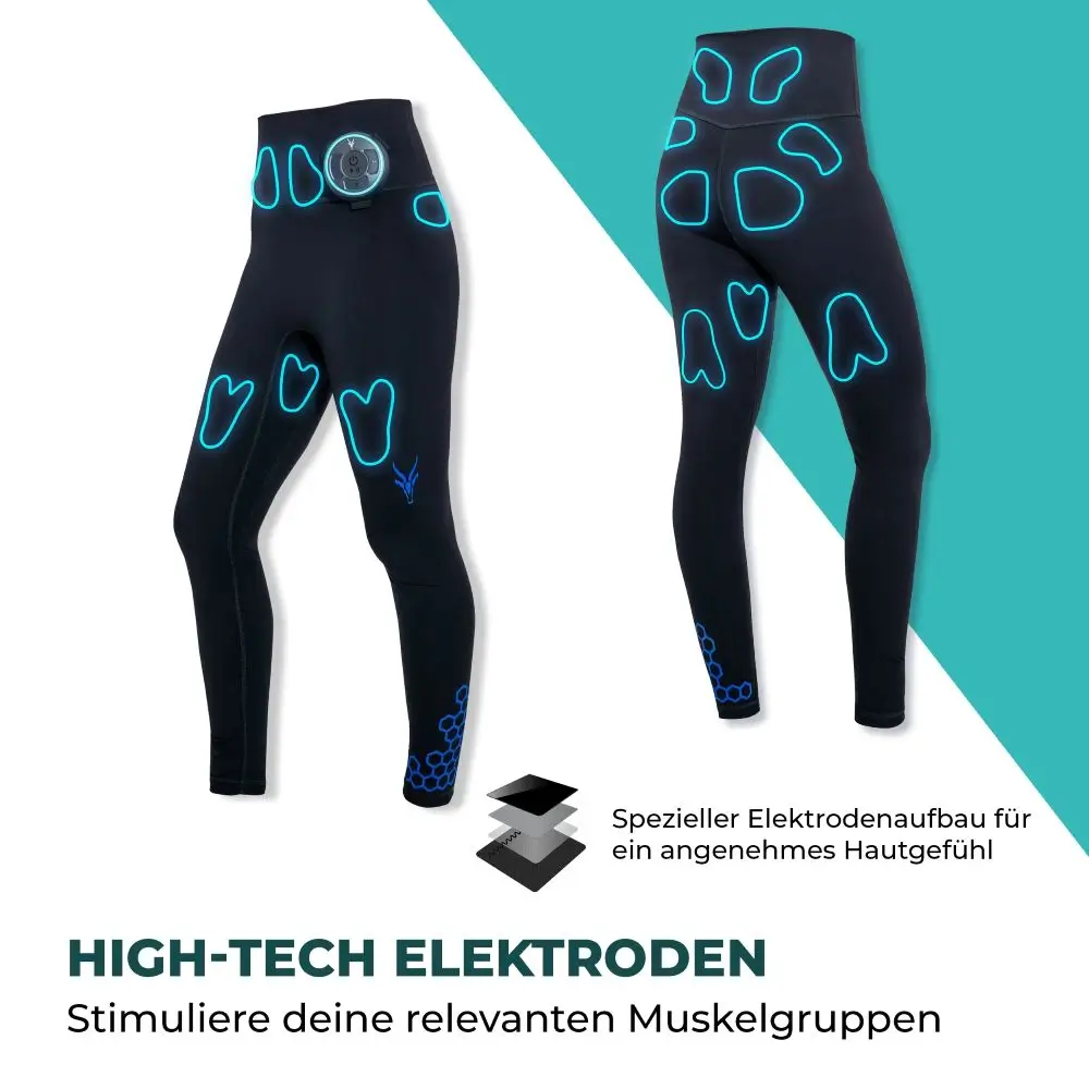 Produktgrafik der Antelope EMS-Leggings von vorne und hinten mit blau hervorgehobenen Markierungen der integrierten High-Tech-Elektroden für die gezielte Muskelstimulation an Bauch, Beinen und Po.