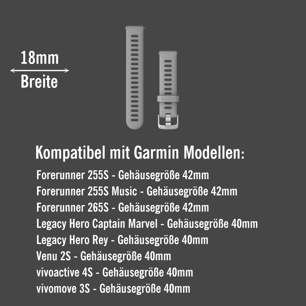 Garmin Forerunner 255S Schnell Wechsel 18mm Silikon Armband Grau Verschluss Silber bei CardioZone günstig online kaufen